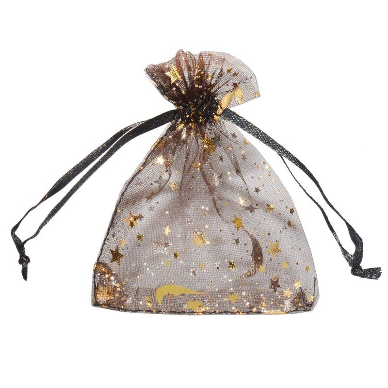 SUNGULF 100Pcs 3x4 Inches Sheer Organza Drawstring Pouches Stars And Moon Wedding Party Favor Jewelry Candy Gift Bags (Black) - Image 1
